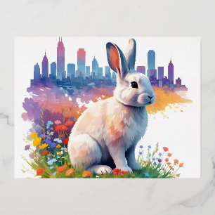 Postal Festiva Con Relieve Metalizado Rabbit Vintage Animal Nature Tree Forest City Art