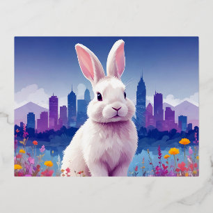 Postal Festiva Con Relieve Metalizado Rabbit Vintage Animal Nature Tree Forest City Art