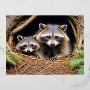 Postal Festiva Con Relieve Metalizado Raccoon Naturaleza animal