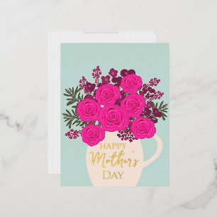 Postal Festiva Con Relieve Metalizado Ramo de Rosas Rosadas – Floral Elegante del Día de