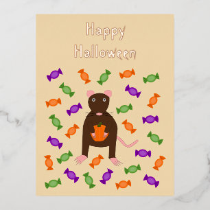 Postal Festiva Con Relieve Metalizado Rata de Halloween y Personalizado de calabaza