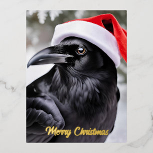 Postal Festiva Con Relieve Metalizado Raven en un Navidad de Santa Hat
