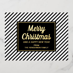 Postal Festiva Con Relieve Metalizado Rayas Clásicas Negras y Blancas Feliz Navidad