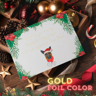 Postal Festiva Con Relieve Metalizado Raza Pastor Alemán Navidad Festejo Hoja de Oro