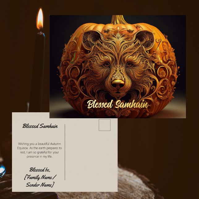 Postal Festiva Con Relieve Metalizado Real Foil Samhain Postcard | Pagan Autumn Equinox (blessed samhain pagan autumn equinox postcard. real gold foil wiccan happy mail stationery.)
