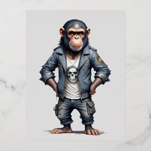 Postal Festiva Con Relieve Metalizado Rebelde de motociclista chimpancé en la chaqueta d