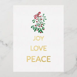 Postal Festiva Con Relieve Metalizado Red Berries Mistletoe Joy Love Peace