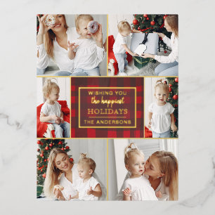 Postal Festiva Con Relieve Metalizado Red Gold Plaid 6 Fotos Collage Navidades