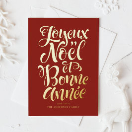 Postal Festiva Con Relieve Metalizado Red Joyeux Noël et Bonne Année Calligraphy