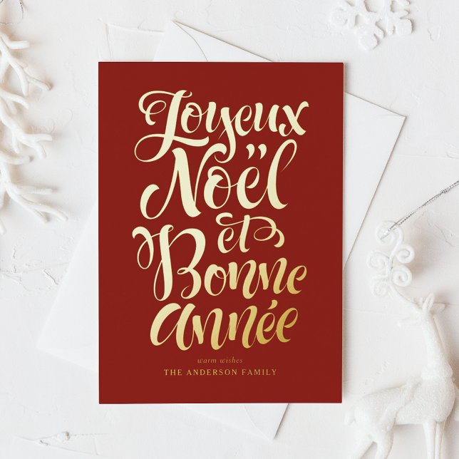 Postal Festiva Con Relieve Metalizado Red Joyeux Noël et Bonne Année Calligraphy (Subido por el creador)