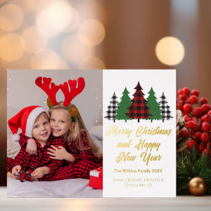 Postal Festiva Con Relieve Metalizado Red Plaid Christmas Trees Family Photo Gold