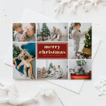 Postal Festiva Con Relieve Metalizado Red Retro Merry Christmas Collage de fotos<br><div class="desc">Feliz Navidad! Envíe sus saludos de vacaciones a la familia y amigos con esta postal de Navidades de personalizable. Presenta tipografía retro y una plantilla de collage de fotos. Personalice esta postal de Navidades de collage de fotos agregando sus detalles. Esta postal de Navidades de Relieve metalizado dorado está disponible...</div>