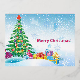 Postal Festiva Con Relieve Metalizado Regalos de Año Nuevo sobre un fondo de cielo azul 