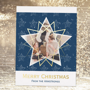 Postal Festiva Con Relieve Metalizado Relieve metalizado azul moderno Estrellas Feliz fo
