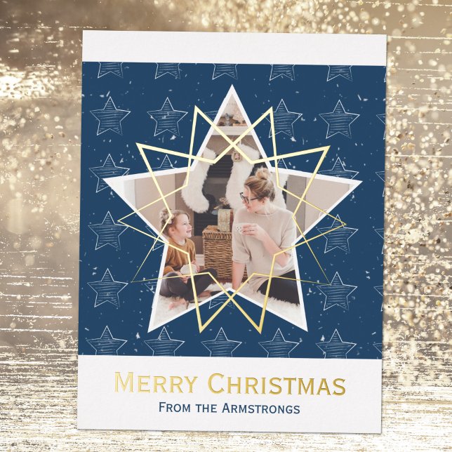 Postal Festiva Con Relieve Metalizado Relieve metalizado azul moderno Estrellas Feliz fo (Modern Blue Foil Stars Merry Christmas Photo Foil Holiday Postcard ©Susanne Sachers - Sunny Mind)