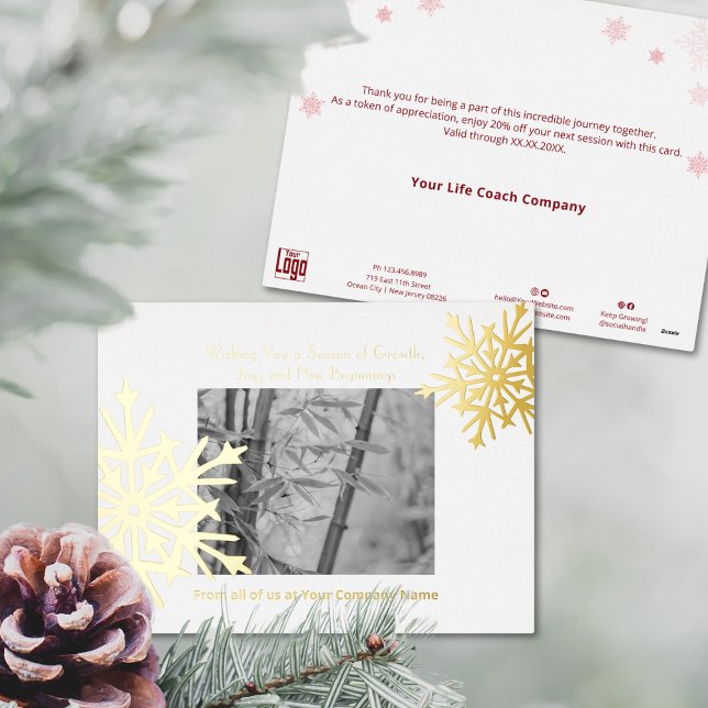 Postal Festiva Con Relieve Metalizado Relieve metalizado dorado Accents Snowflakes Photo (Gold Foil Accents Snowflakes Photo Business Holiday Card)