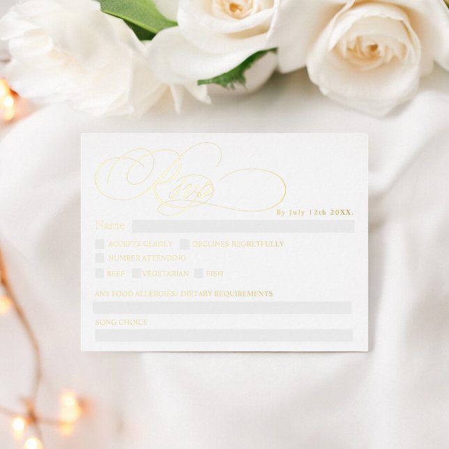 Postal Festiva Con Relieve Metalizado Relieve metalizado real moda de caligrafía blanca  (Real foil white calligraphy chic rsvp wedding foil holiday postcard)