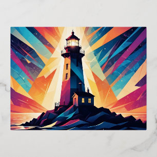 Postal Festiva Con Relieve Metalizado Resumen del fondo marino del faro de paisaje