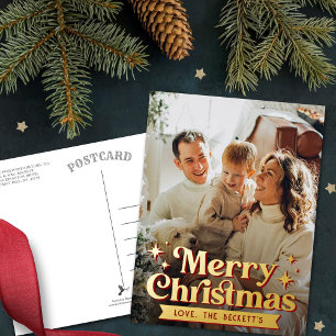 Postal Festiva Con Relieve Metalizado Retro Groovy Merry Christmas Photo Real