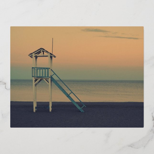 Postal Festiva Con Relieve Metalizado Retro Lifeguard Beach Tower Sunset Photo (Anverso)