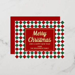 Postal Festiva Con Relieve Metalizado Rojo Festivo de Cuadros Feliz Navidad Oro