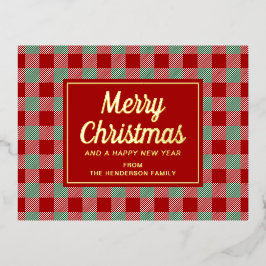 Postal Festiva Con Relieve Metalizado Rojo Rústico Cuadros Alegre Navidad Oro