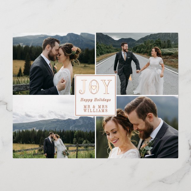 Postal Festiva Con Relieve Metalizado Rosa Gold Joy Heart Boda Felices Fiestas (Anverso)