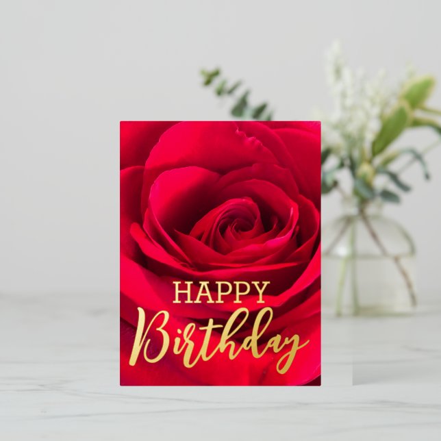 Postal Festiva Con Relieve Metalizado Rosa Roja Romántica Feliz cumpleaños Real Gold (Anverso de pie)