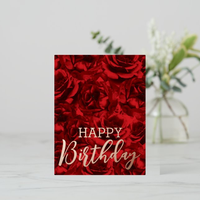 Postal Festiva Con Relieve Metalizado Rosas Rojas Bouquets Feliz cumpleaños (Anverso de pie)