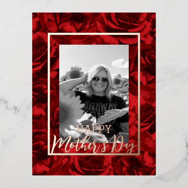 Postal Festiva Con Relieve Metalizado Rosas rojas: Felices fotos del Día de la Madre (Anverso)
