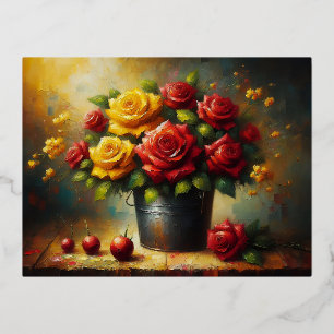 Postal Festiva Con Relieve Metalizado Rosas rojas y amarillas en una olla