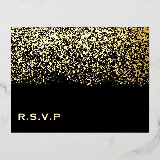 Postal Festiva Con Relieve Metalizado RSVP de matrimonio negro y Relieve metalizado dora (Anverso)