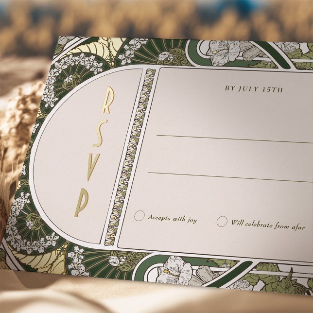 Postal Festiva Con Relieve Metalizado RSVP Gold Green Reply Art Nouveau Mucha (Subido por el creador)