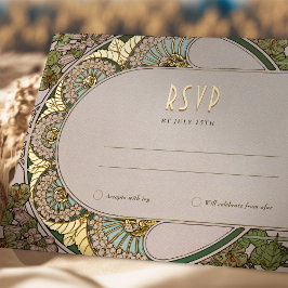 Postal Festiva Con Relieve Metalizado RSVP Gold Green Reply Art Nouveau Mucha