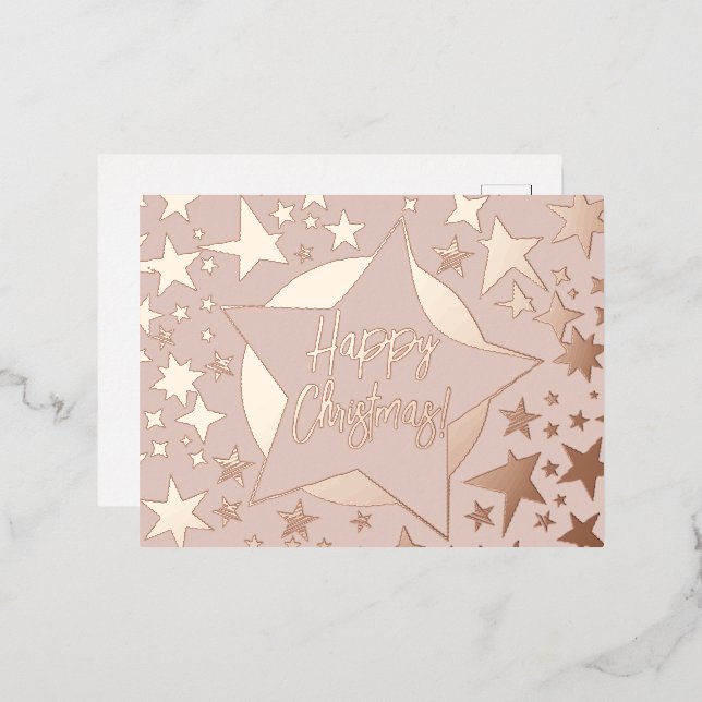 Postal Festiva Con Relieve Metalizado Rubor Rosa Gold Script Happy Navidades Stars (Anverso/Reverso)