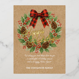 Postal Festiva Con Relieve Metalizado Rustic Holly Wreath Red Black Checkpoint Bow Gold