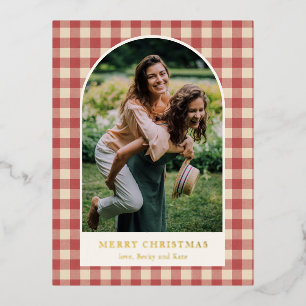 Postal Festiva Con Relieve Metalizado Rustic Red Gingham Arch Foto Navidades modernos