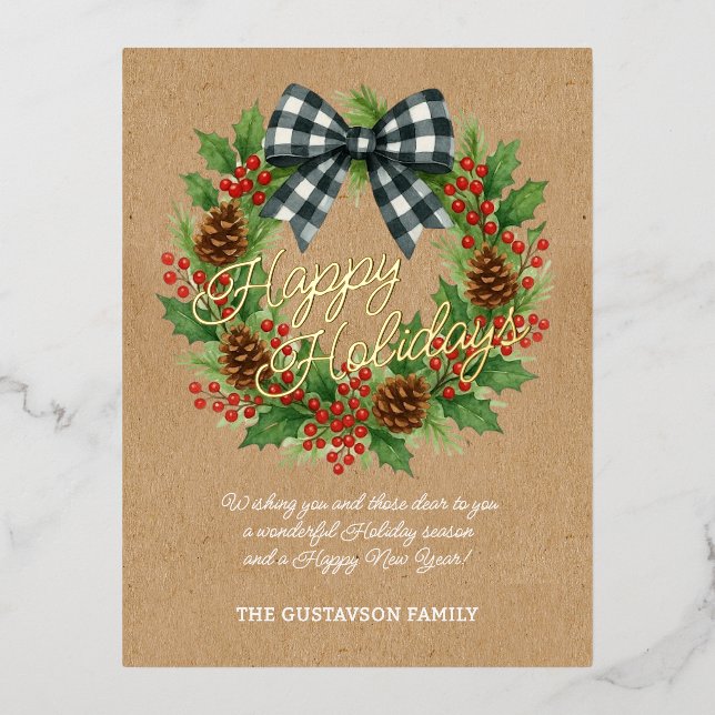 Postal Festiva Con Relieve Metalizado Rústico Holly Wreath White Black Checkpoint Bow Go (Anverso)