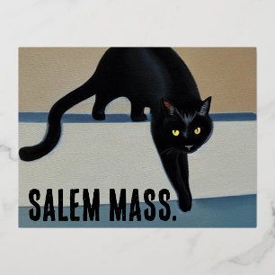 Postal Festiva Con Relieve Metalizado Salem Massachusetts, un gato negro chispeante
