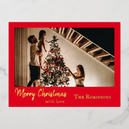Postal Festiva Con Relieve Metalizado Saludo de foto de Navidad Simple elegante rojo dor