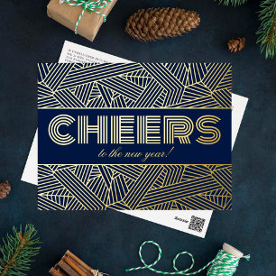 Postal Festiva Con Relieve Metalizado ¡Saludos Al Año Nuevo! Tipografía geométrica real
