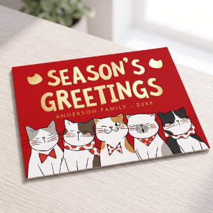 Postal Festiva Con Relieve Metalizado Saludos de temporada divertidos gatos adorables ca