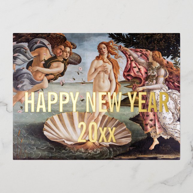 Postal Festiva Con Relieve Metalizado Sandro Botticelli - Nacimiento de Venus Feliz Año  (Anverso)