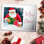 Postal Festiva Con Relieve Metalizado Santa en Navidades en la nieve con plata<br><div class="desc">Una hermosa canción en la nieve en los Navidades rodeados de feliz plata. Feliz Navidad!</div>
