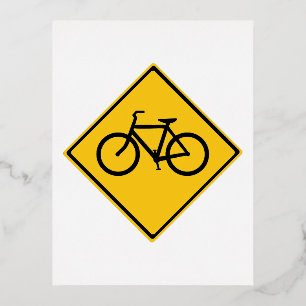 Postal Festiva Con Relieve Metalizado Señal de tráfico Bicicleta