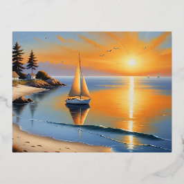 Postal Festiva Con Relieve Metalizado Serenidad de la puesta de sol tranquila
