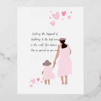 Postal Festiva Con Relieve Metalizado Silueta de corazón rosa de madre e hija