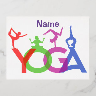 Postal Festiva Con Relieve Metalizado Siluetas de posturas de yoga Thunder_Cove