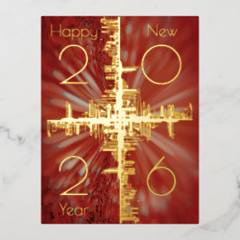 Postal Festiva Con Relieve Metalizado Simetría de ciudad - oro - feliz año nuevo 20xx