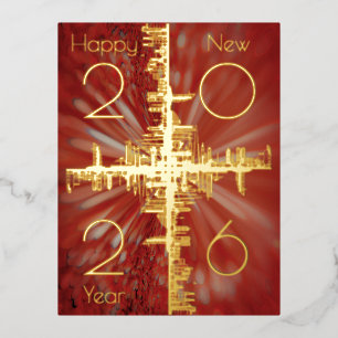 Postal Festiva Con Relieve Metalizado Simetría de ciudad - oro - feliz año nuevo 20xx